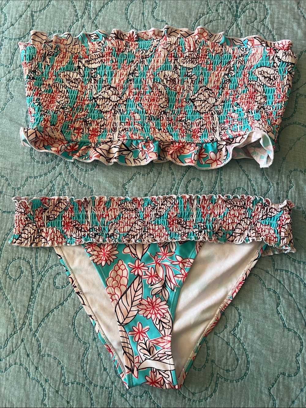 Womens' Floral Smocked Bandeau Bikini Set - Teal & Pink